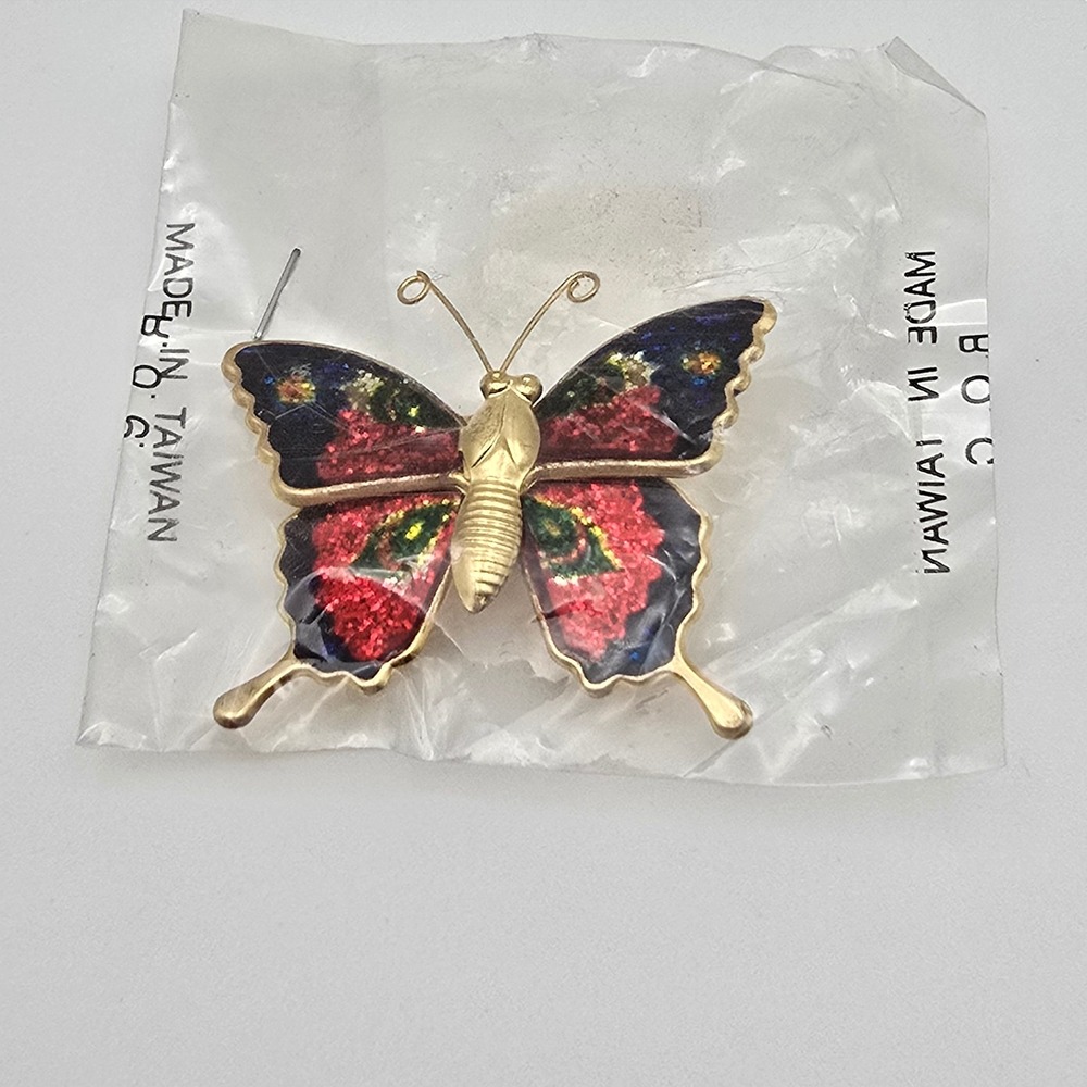 Vintage Butterfly Refrigerator Magnet Gold Tone Red Blue Glitter Wings  Retro